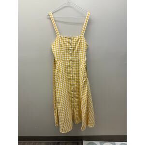 Cynthia Rowley Yellow Gingham Linen Dress | Button Front | Tie Back | Pockets |